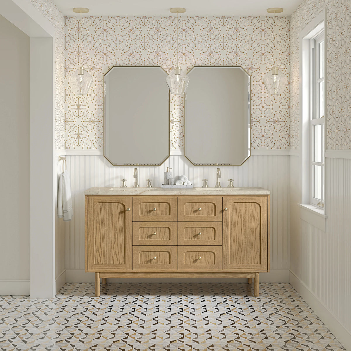 Laurent 60" Double Vanity, Light Natural Oak, w/ 3 CM Tajnar Eclos Top, view 4