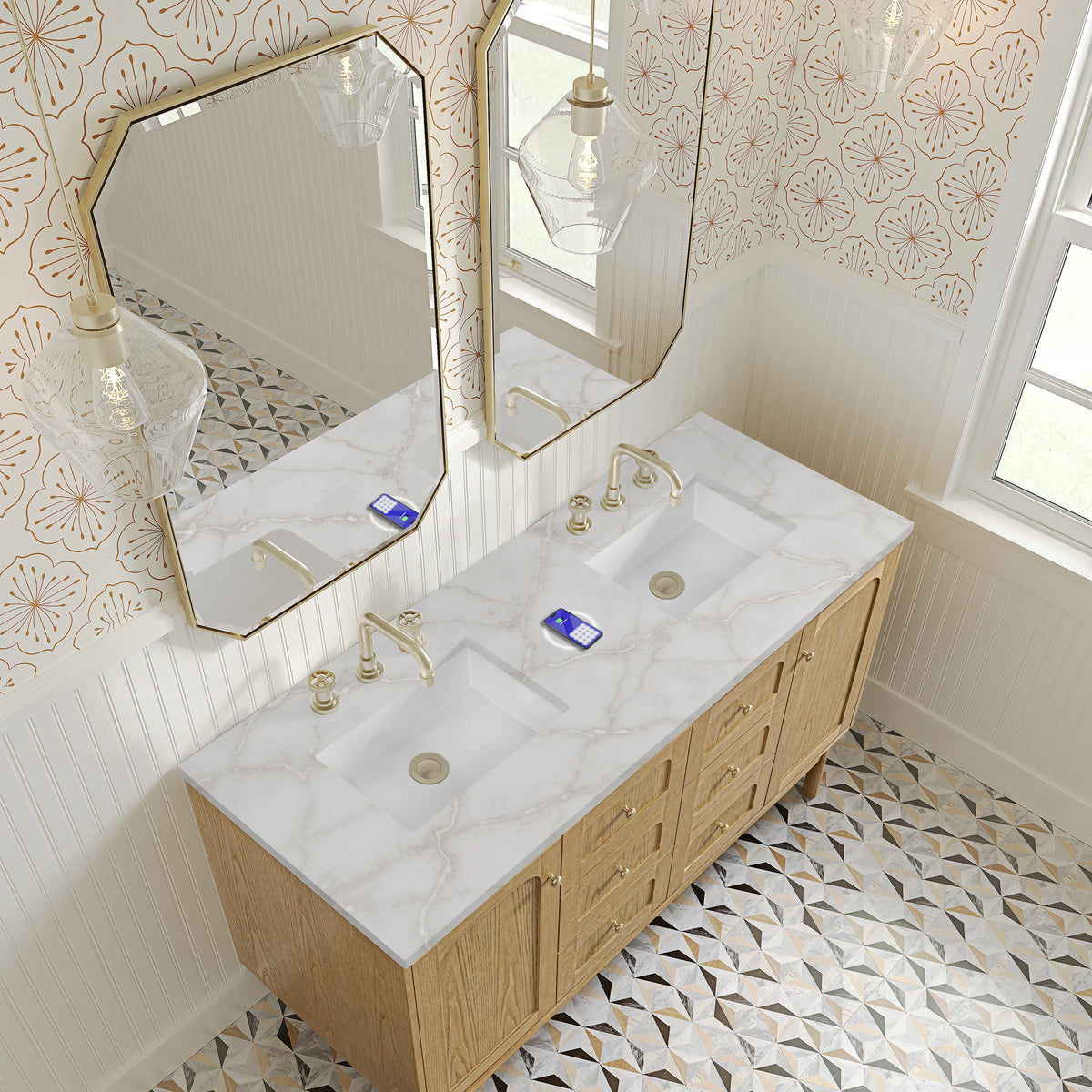 Laurent 60" Double Vanity, Light Natural Oak, w/ 3 CM Victorian Silver Quartz Top w/FreePower Wireless Charger, view 14