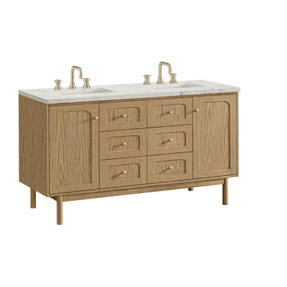 Laurent 60" Double Vanity, Light Natural Oak, w/ 3 CM Victorian Silver Quartz Top w/FreePower Wireless Charger, view 18