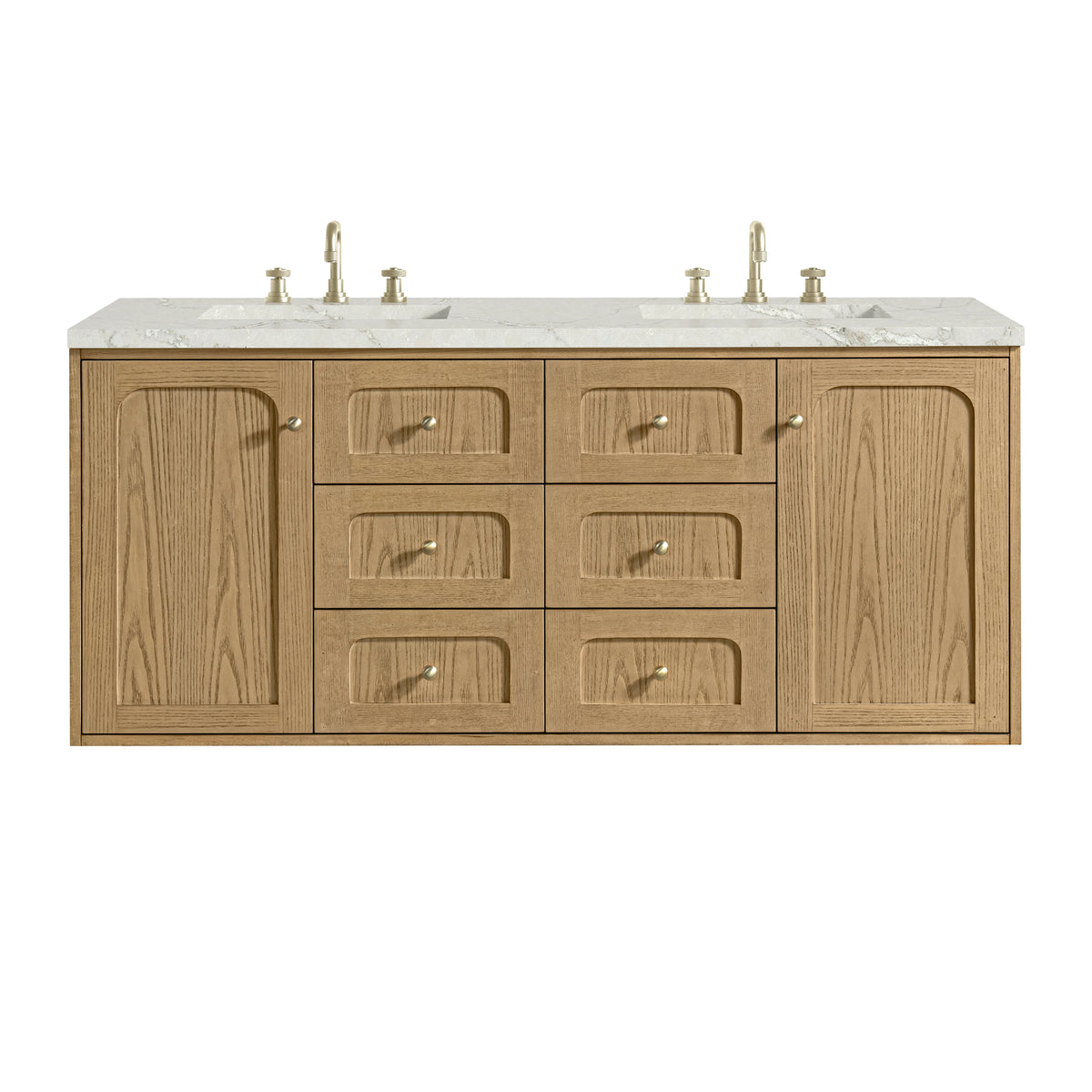 Laurent 60" Double Vanity, Light Natural Oak, w/ 3 CM Victorian Silver Quartz Top w/FreePower Wireless Charger, view 2