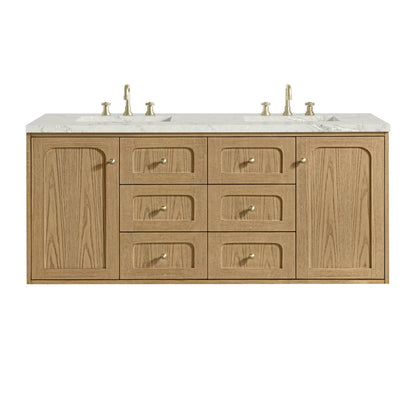 Laurent 60" Double Vanity, Light Natural Oak, w/ 3 CM Victorian Silver Quartz Top w/FreePower Wireless Charger, view 2