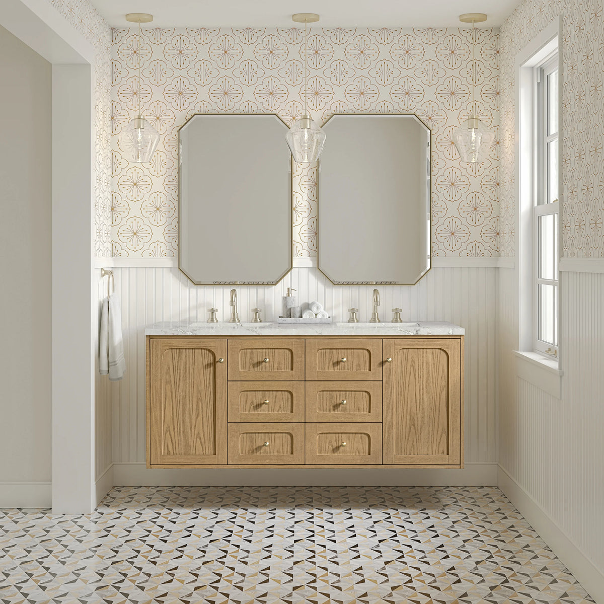 Laurent 60" Double Vanity, Light Natural Oak, w/ 3 CM Victorian Silver Quartz Top w/FreePower Wireless Charger, view 8