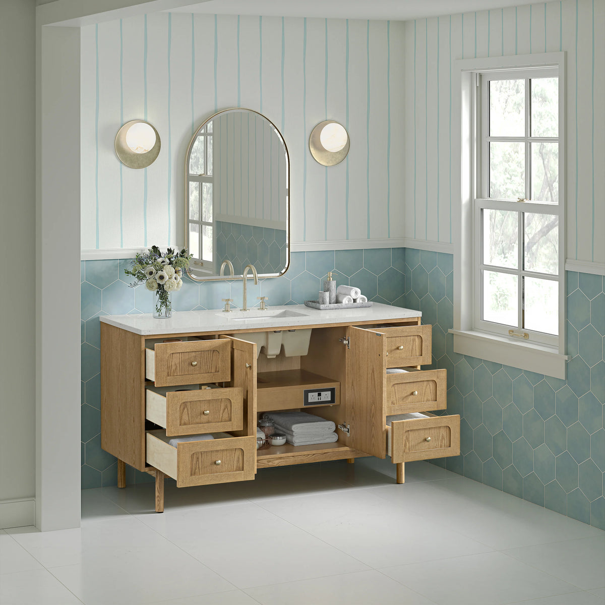 Laurent 60" Single Vanity, Light Natural Oak, w/ 3 CM Lime Delight Quartz Top, view 8