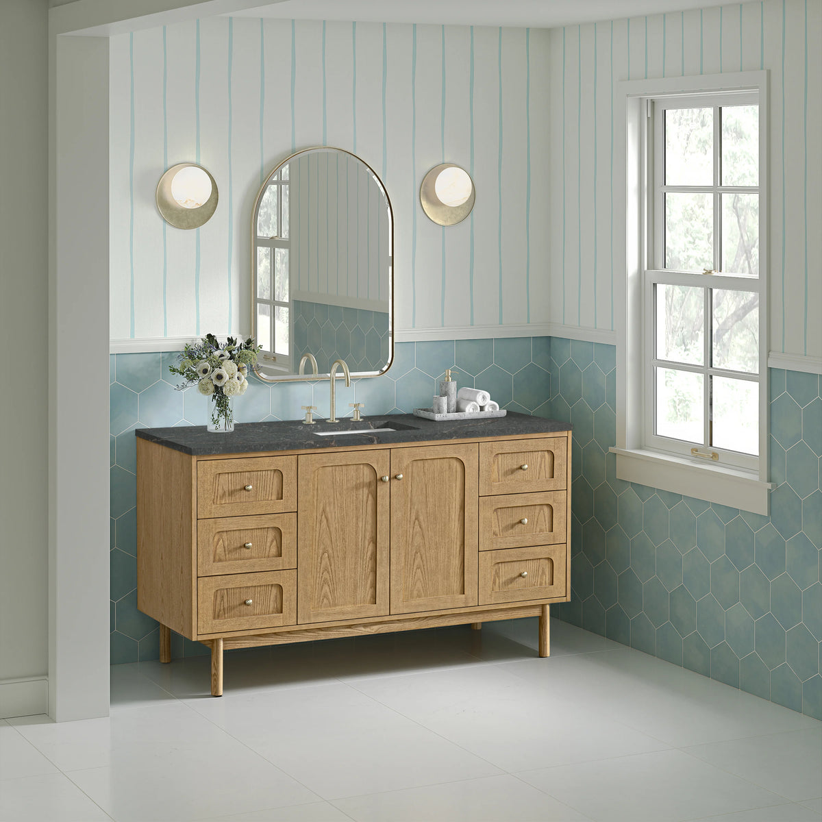 Laurent 60" Single Vanity, Light Natural Oak, w/ 3 CM Parisien Bleu Quartz Top, view 6