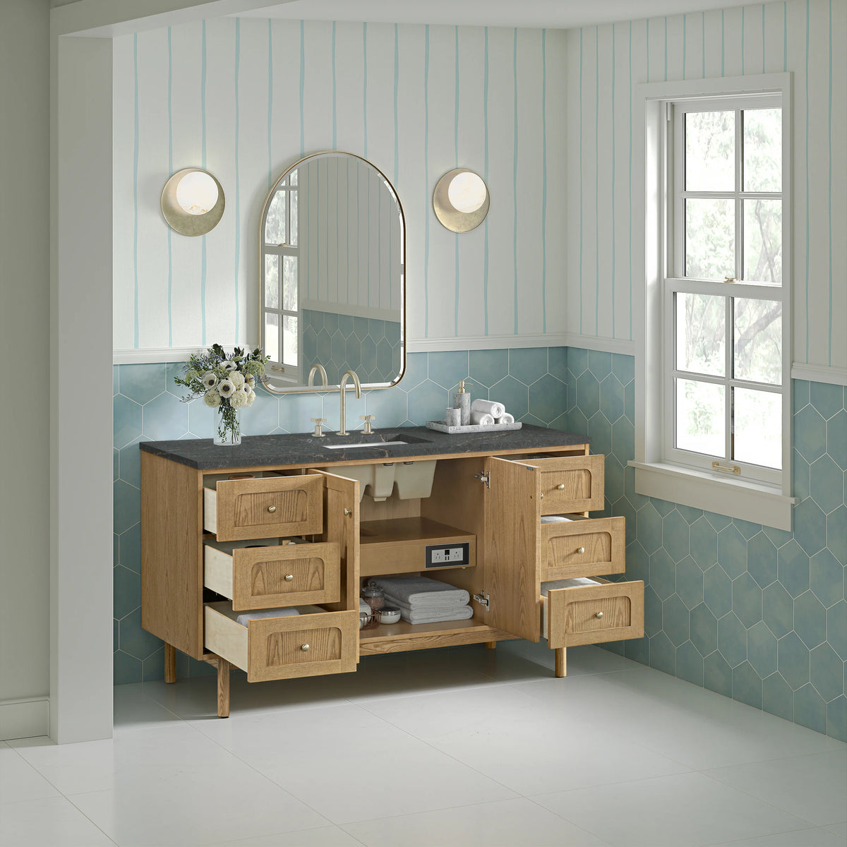 Laurent 60" Single Vanity, Light Natural Oak, w/ 3 CM Parisien Bleu Quartz Top, view 8