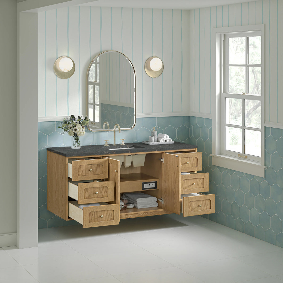 Laurent 60" Single Vanity, Light Natural Oak, w/ 3 CM Parisien Bleu Quartz Top, view 9