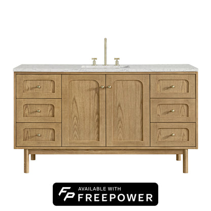 Laurent 60" Single Vanity, Light Natural Oak, w/ 3 CM Eternal Jasmine Pearl Silestone Top w/ FreePower Wireless Charger