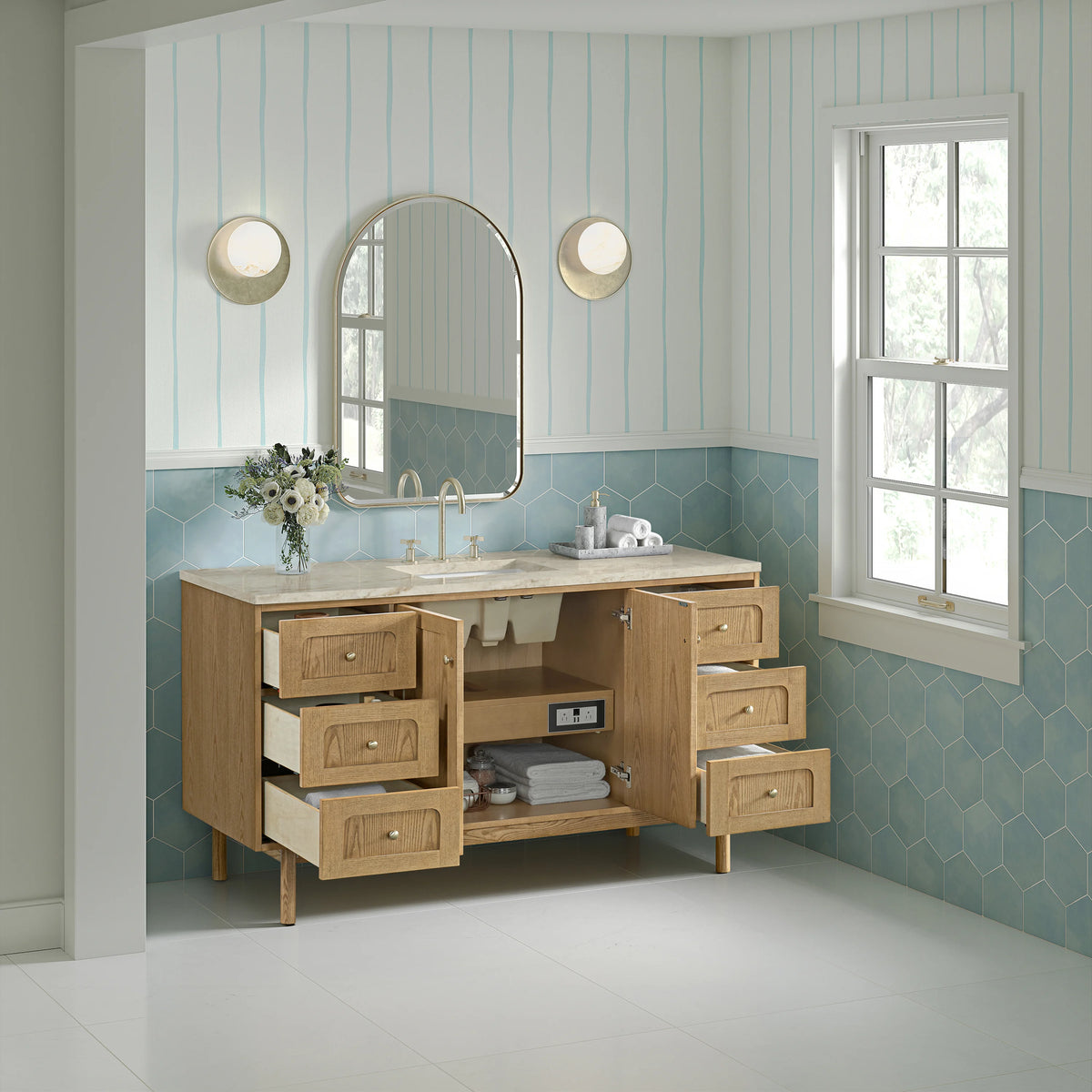 Laurent 60" Single Vanity, Light Natural Oak, w/ 3 CM Tajnar Eclos Top w/FreePower Wireless Charger, view 10