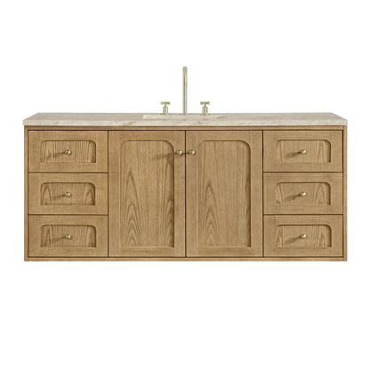 Laurent 60" Single Vanity, Light Natural Oak, w/ 3 CM Tajnar Eclos Top w/FreePower Wireless Charger, view 2