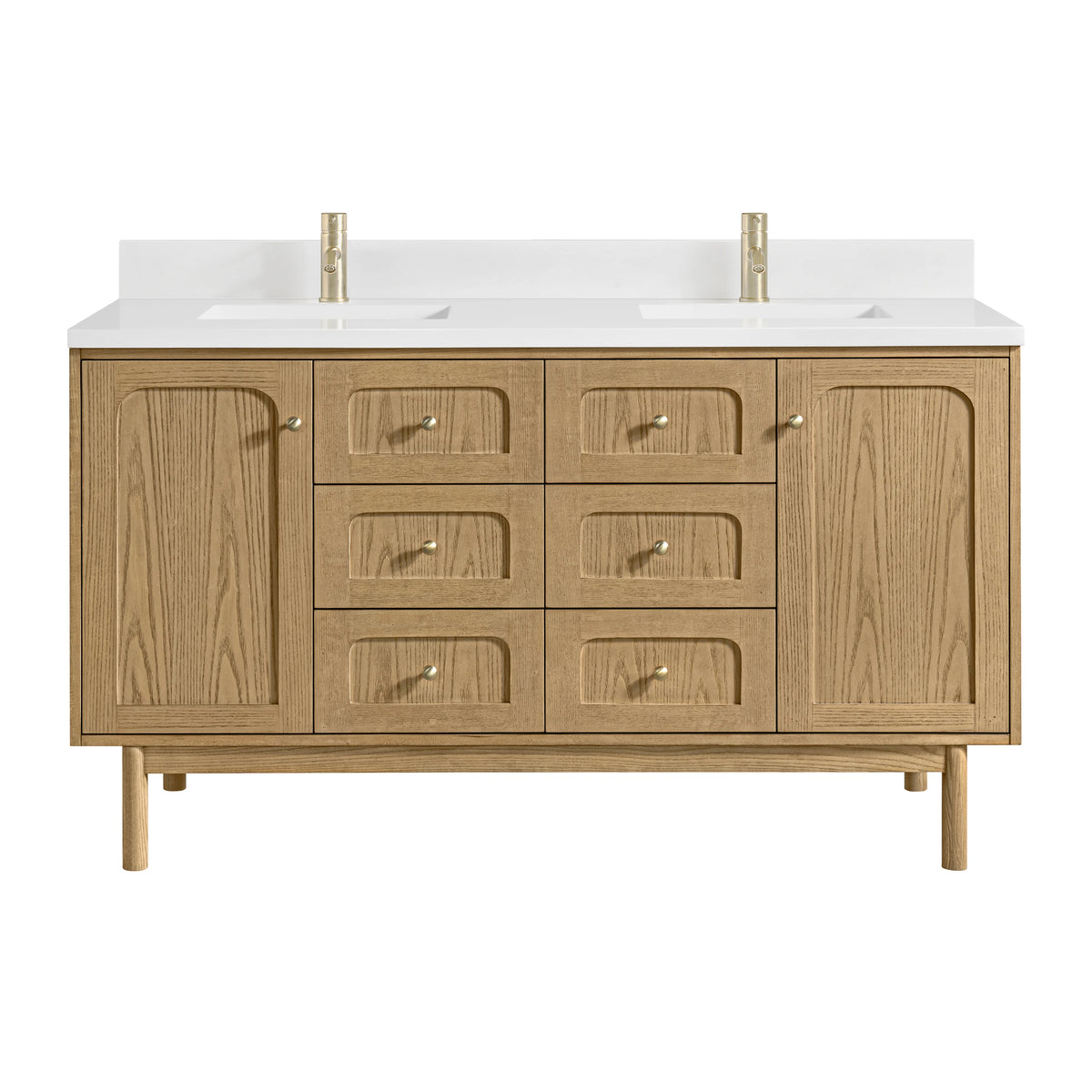 Laurent 60" Double Vanity, Light Natural Oak, w/ Single Hole 3 CM White Zeus Quartz Top & Backsplash