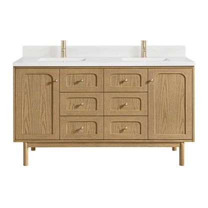 Laurent 60" Double Vanity, Light Natural Oak, w/ Single Hole 3 CM White Zeus Quartz Top & Backsplash