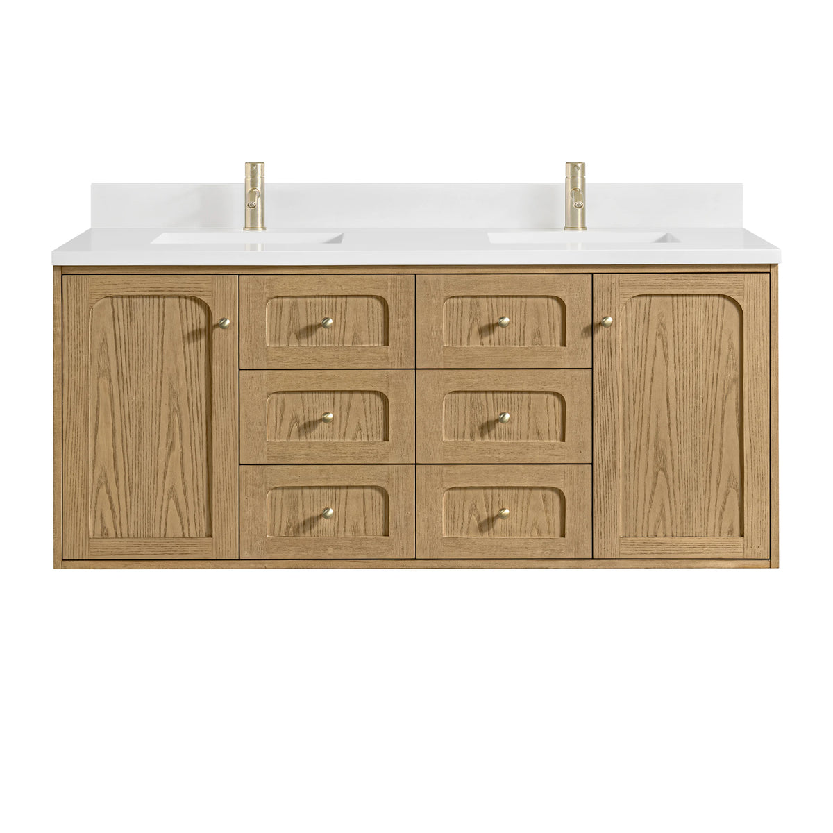 Laurent 60" Double Vanity, Light Natural Oak, w/ Single Hole 3 CM White Zeus Quartz Top & Backsplash, view 2