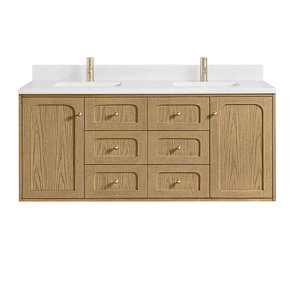 Laurent 60" Double Vanity, Light Natural Oak, w/ Single Hole 3 CM White Zeus Quartz Top & Backsplash, view 2
