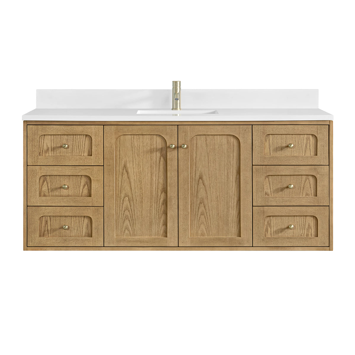 Laurent 60" Single Vanity, Light Natural Oak, w/ Single Hole 3 CM White Zeus Quartz Top & Backsplash, view 2