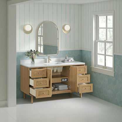 Laurent 60" Single Vanity, Light Natural Oak, w/ Single Hole 3 CM White Zeus Quartz Top & Backsplash, view 8
