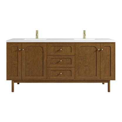 Laurent 72" Double Vanity, Honey Oak w/ Single Hole 3 CM White Zeus Silestone Top and Matching Backsplash