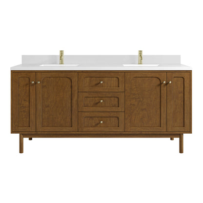 Laurent 72" Double Vanity, Honey Oak w/ Single Hole 3 CM White Zeus Silestone Top and Matching Backsplash, view 2