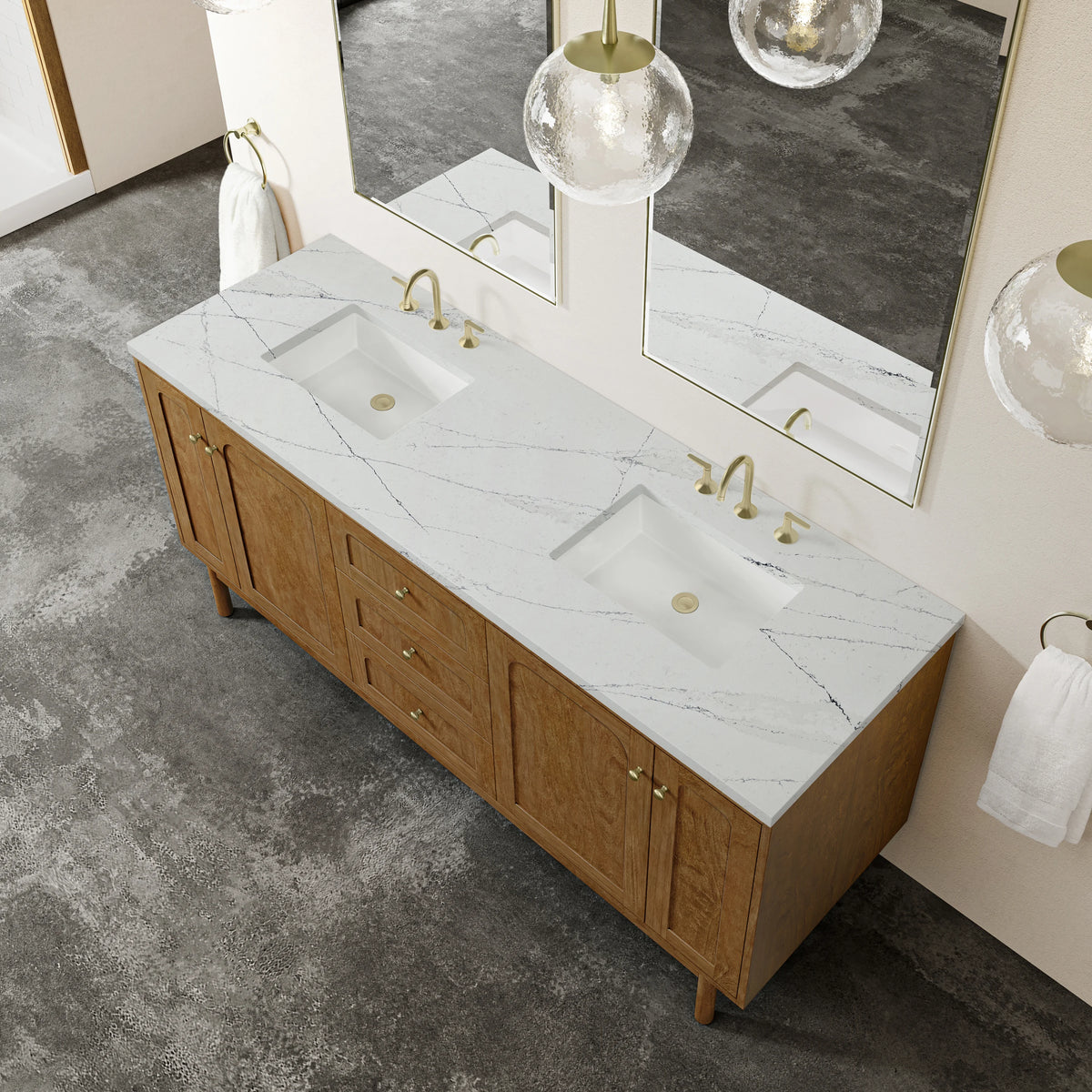 Laurent 72" Double Vanity, Honey Oak w/ 3 CM Ethereal Noctis Silestone Top, view 10