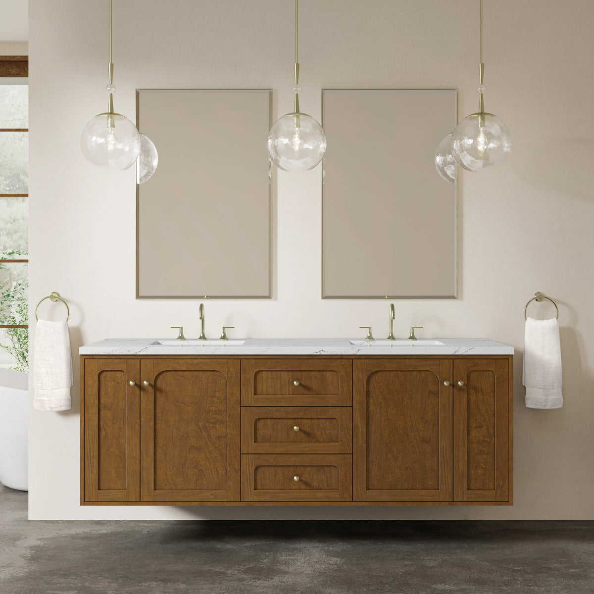 Laurent 72" Double Vanity, Honey Oak w/ 3 CM Ethereal Noctis Silestone Top, view 5