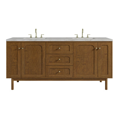 Laurent 72" Double Vanity, Honey Oak w/ 3 CM Victorian Silver Silestone Top w/FreePower Wireless Charger