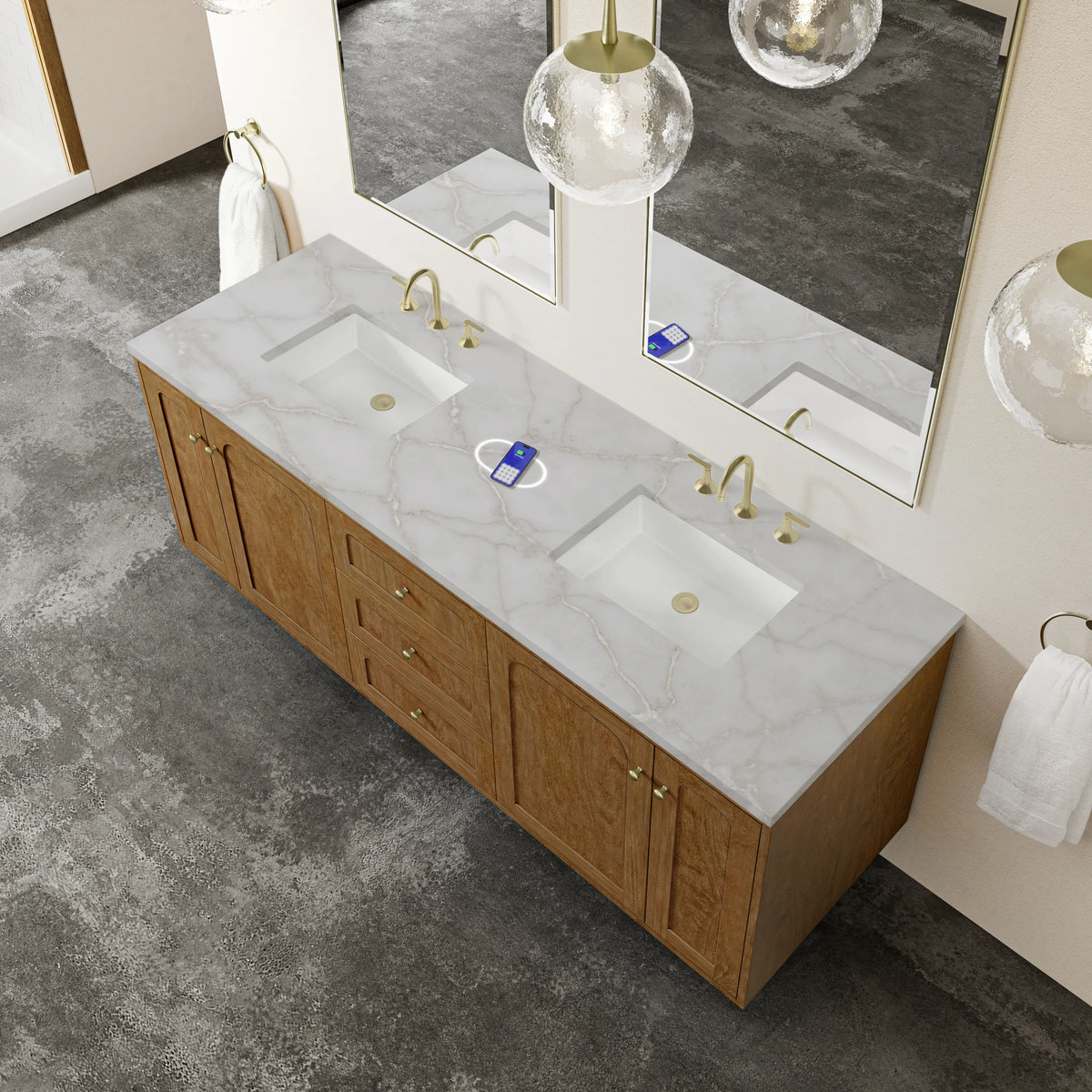 Laurent 72" Double Vanity, Honey Oak w/ 3 CM Victorian Silver Silestone Top w/FreePower Wireless Charger, view 12