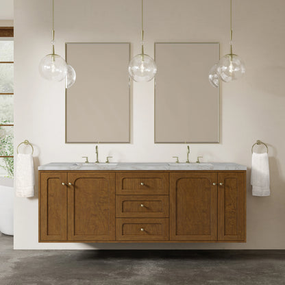 Laurent 72" Double Vanity, Honey Oak w/ 3 CM Victorian Silver Silestone Top w/FreePower Wireless Charger, view 6