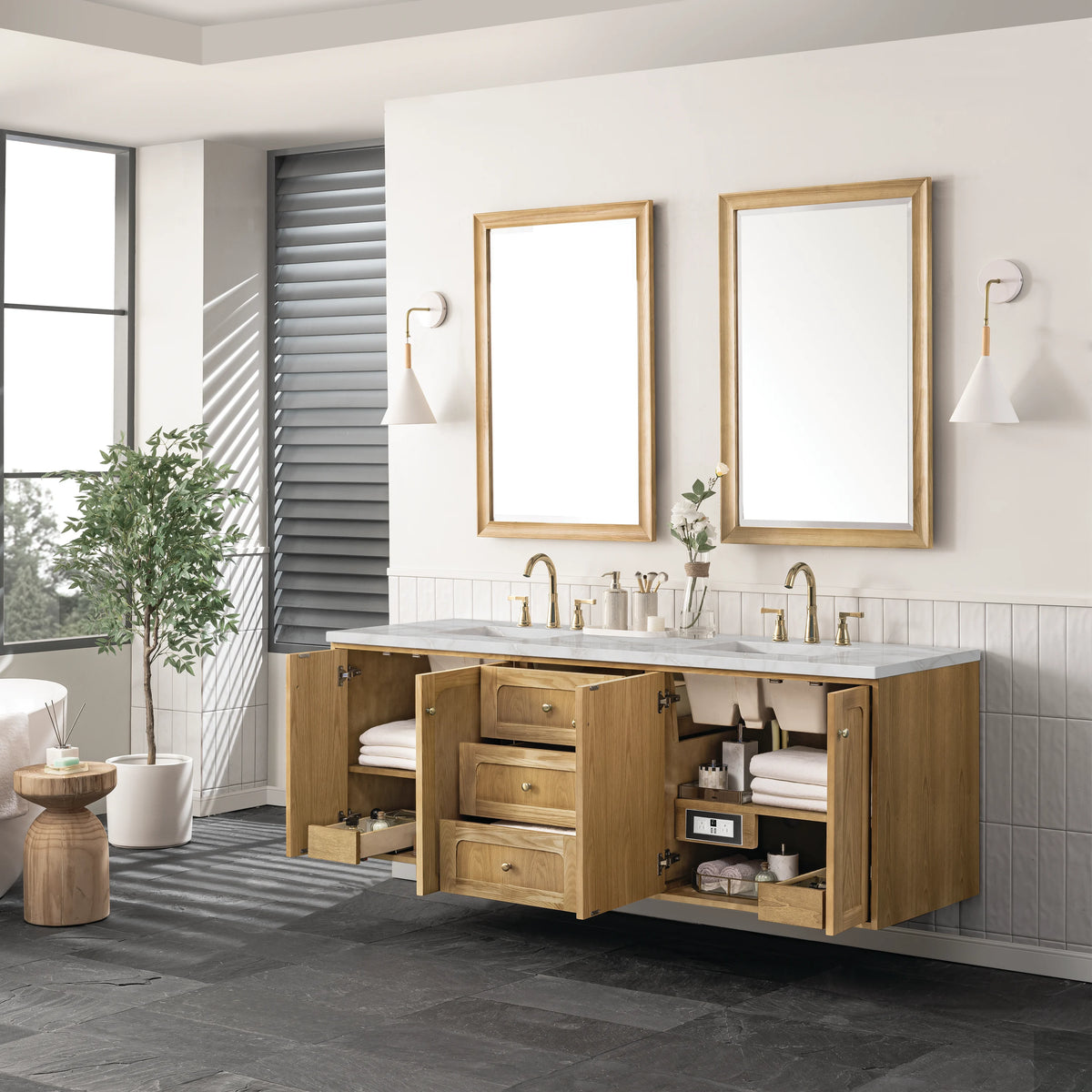 Laurent 72" Double Vanity, Light Natural Oak w/ 3 CM Victorian Silver Top w/FreePower Wireless Charger, view 11
