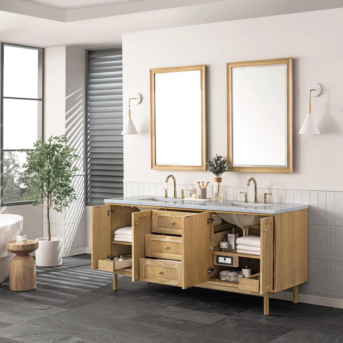 Laurent 72" Double Vanity, Light Natural Oak w/ 3 CM Carrara Marble Top, view 7