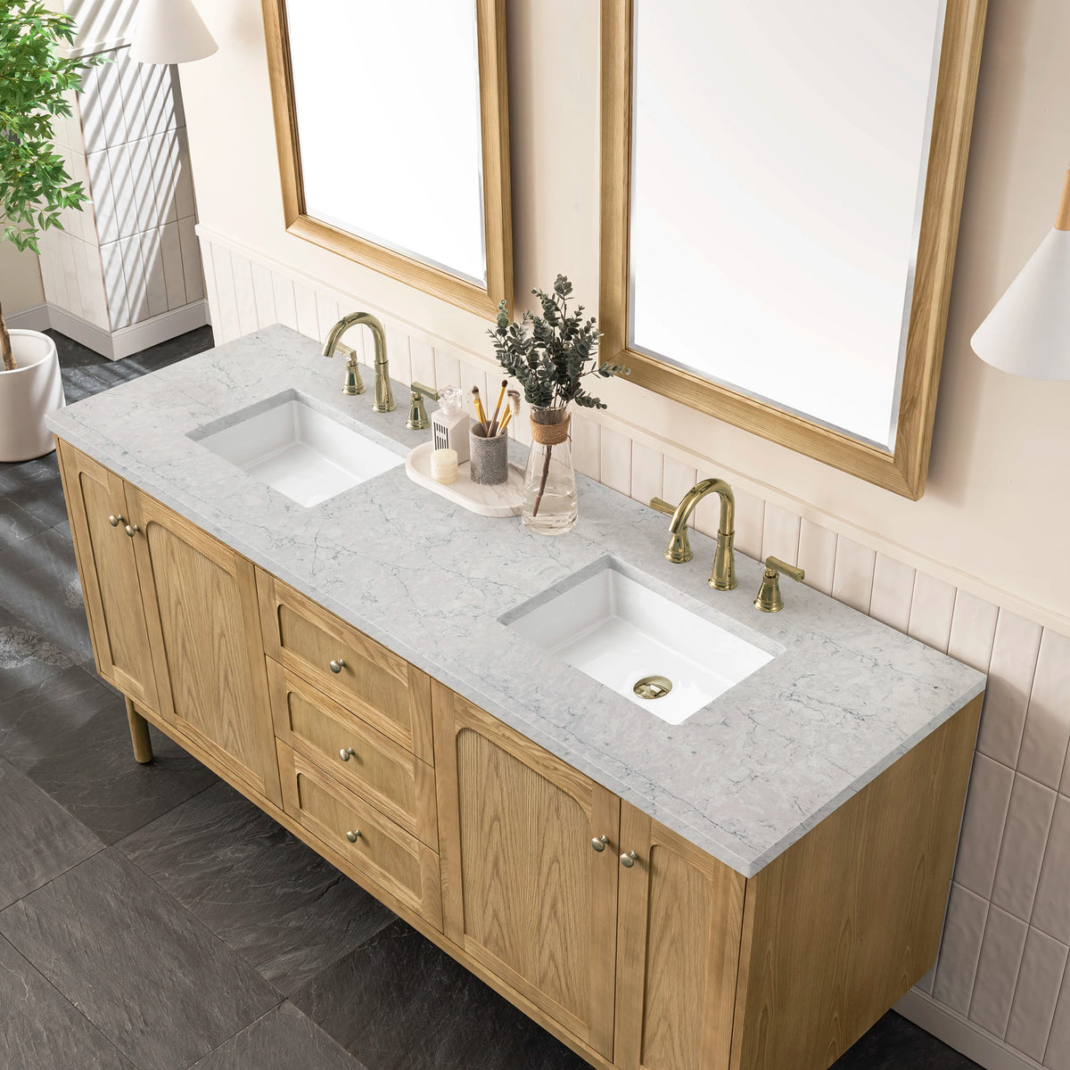 Laurent 72" Double Vanity, Light Natural Oak w/ 3 CM Eternal Jasmine Pearl Top, view 9