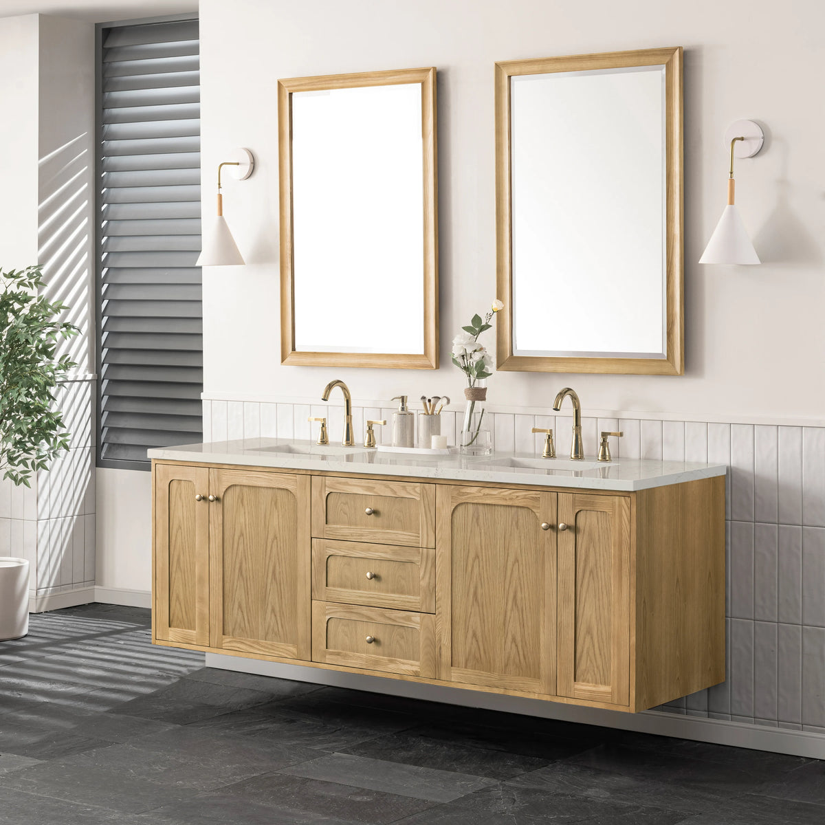 Laurent 72" Double Vanity, Light Natural Oak, w/ 3 CM Siberian Silestone Top, view 8