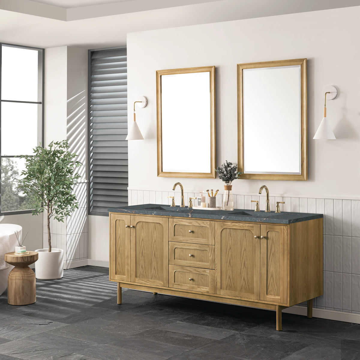 Laurent 72" Double Vanity, Light Natural Oak w/ 3 CM Parisien Bleu Top w/FreePower Wireless Charger, view 8