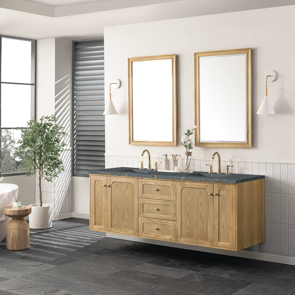 Laurent 72" Double Vanity, Light Natural Oak w/ 3 CM Parisien Bleu Top w/FreePower Wireless Charger, view 9