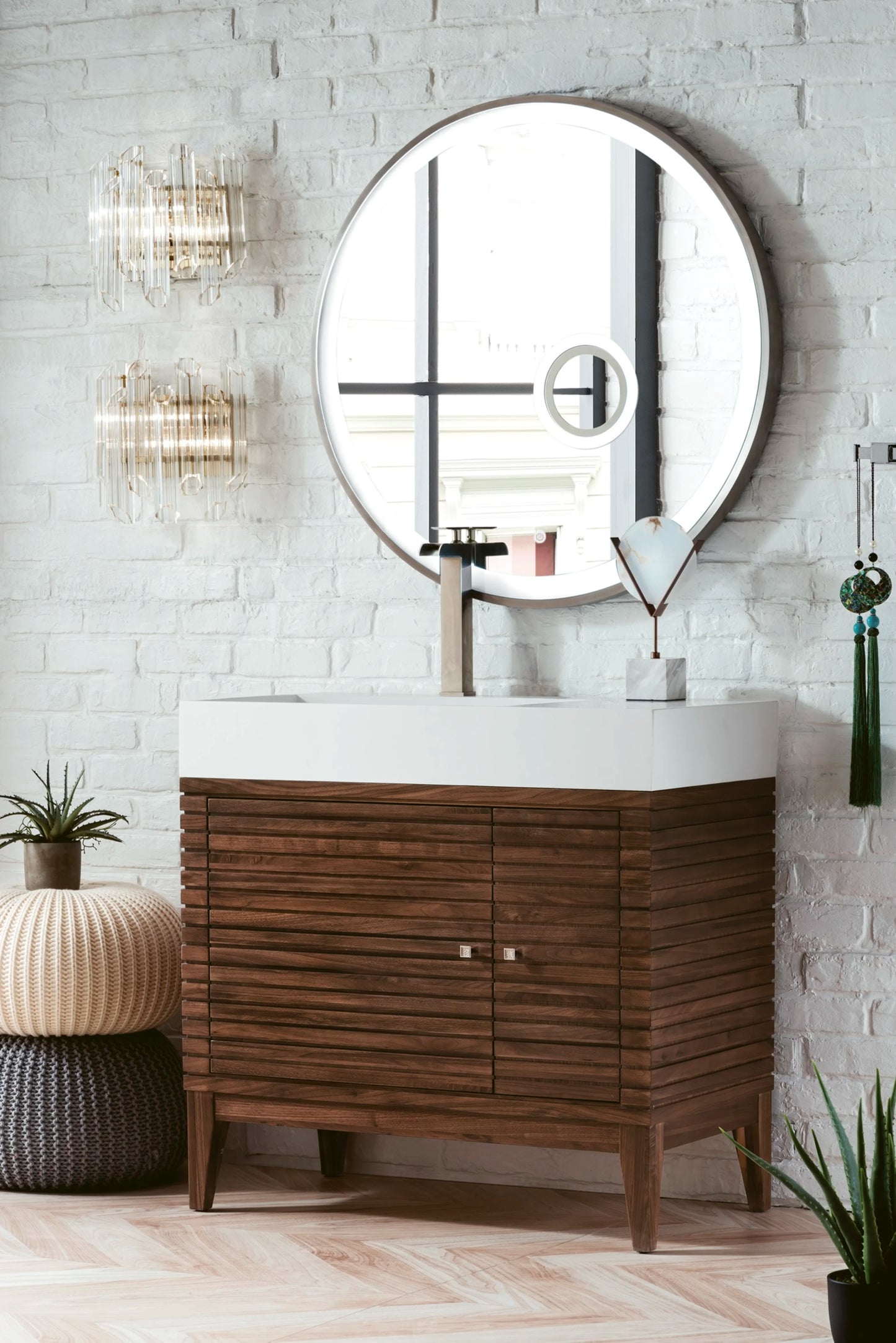 Linear 36" Single Vanity, Mid-Century Walnut w/ Glossy White Composite Stone Top, view 3