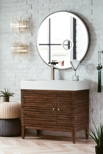 Linear 36" Single Vanity, Mid-Century Walnut w/ Glossy White Composite Stone Top, view 3