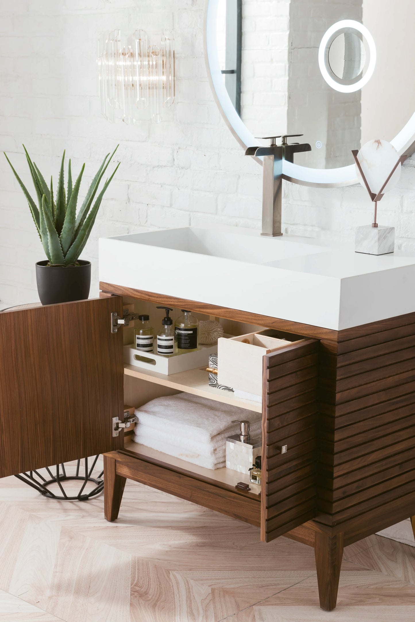 Linear 36" Single Vanity, Mid-Century Walnut w/ Glossy White Composite Stone Top, view 4