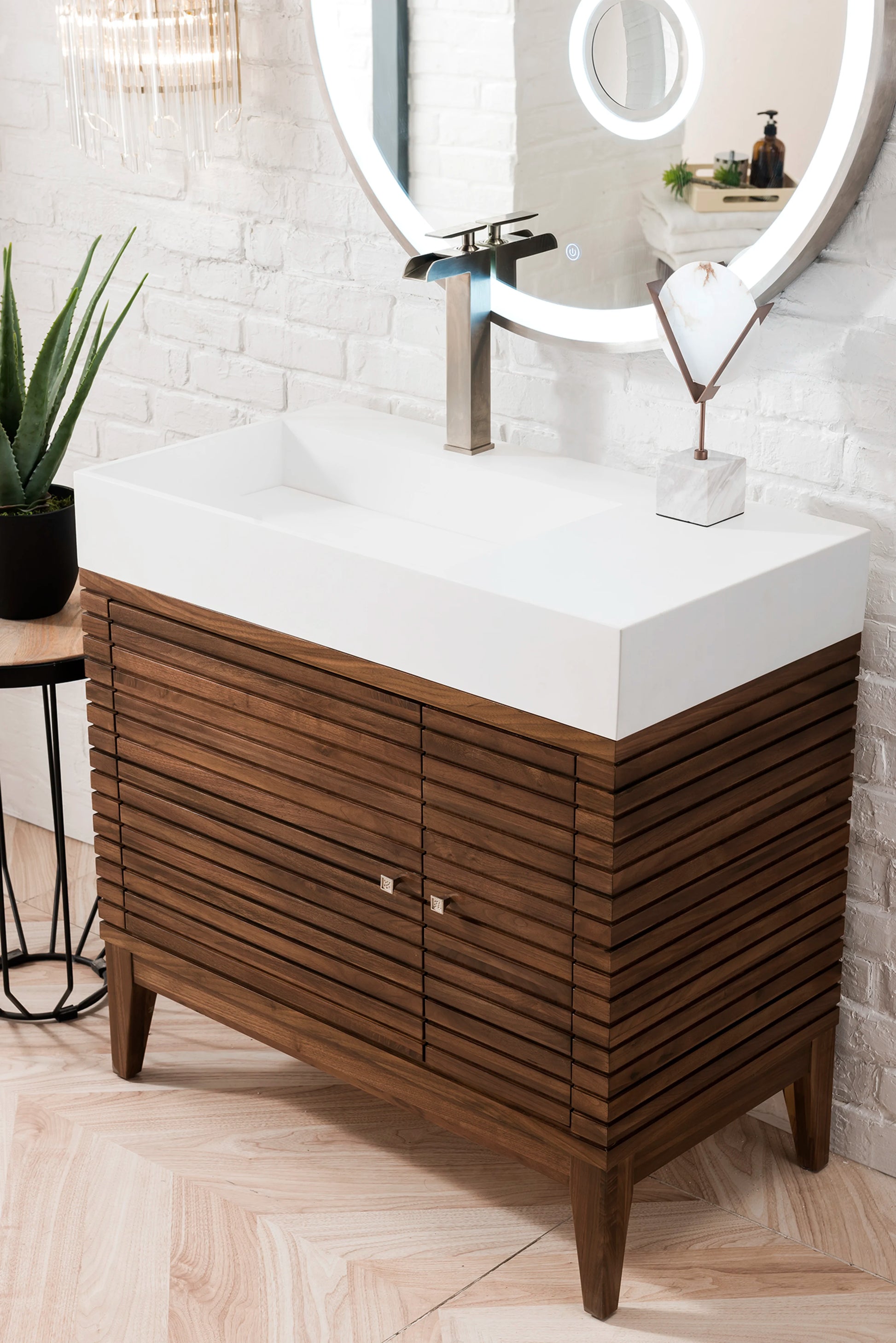 Linear 36" Single Vanity, Mid-Century Walnut w/ Glossy White Composite Stone Top, view 5