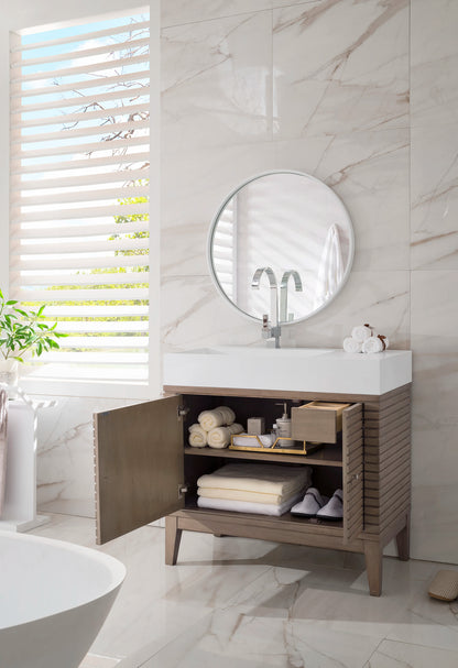 Linear 36" Single Vanity, Whitewashed Walnut w/ Glossy White Composite Stone Top, view 4