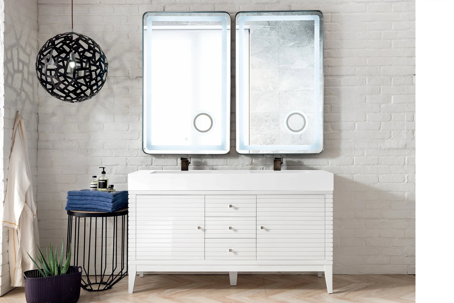 Renovate for Less Atlanta Linear 59" Double Vanity, Glossy White w/ Glossy White Composite Stone Top, view 2
