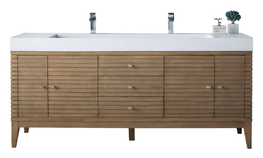 Linear 72" Double Vanity Whitewashed Walnut w/ Glossy White Composite Stone Top
