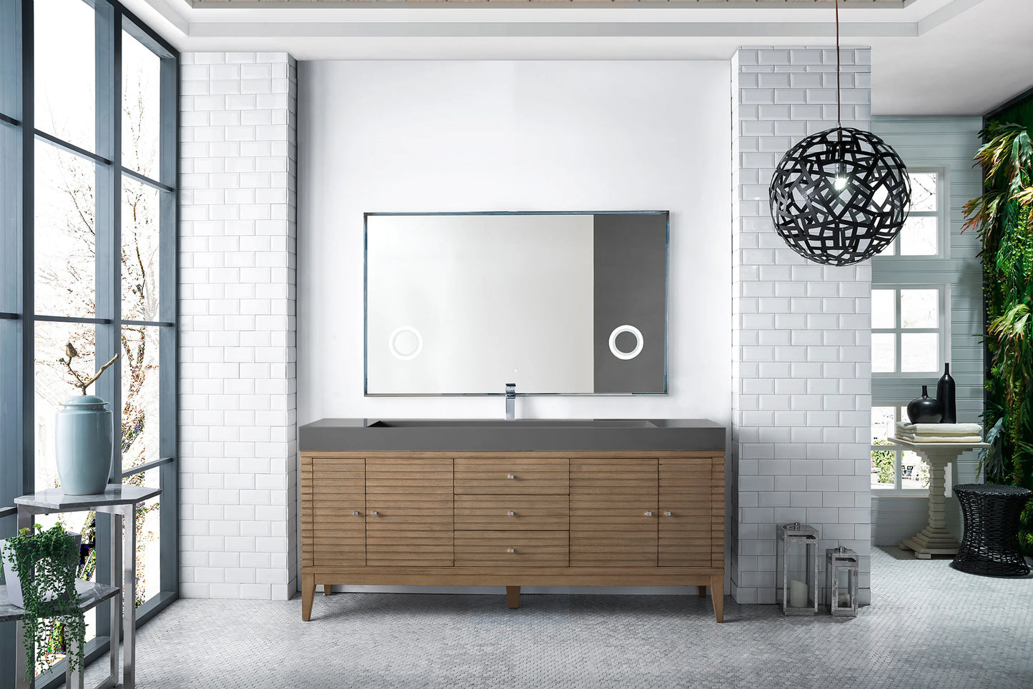 Renovate for Less Atlanta Linear 72" Single Vanity Whitewashed Walnut w/ Dusk Grey Glossy Composite Stone Top, view 2