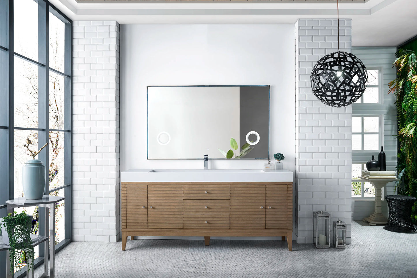 Linear 72" Single Vanity Whitewashed Walnut w/ Glossy White Composite Stone Top, view 2