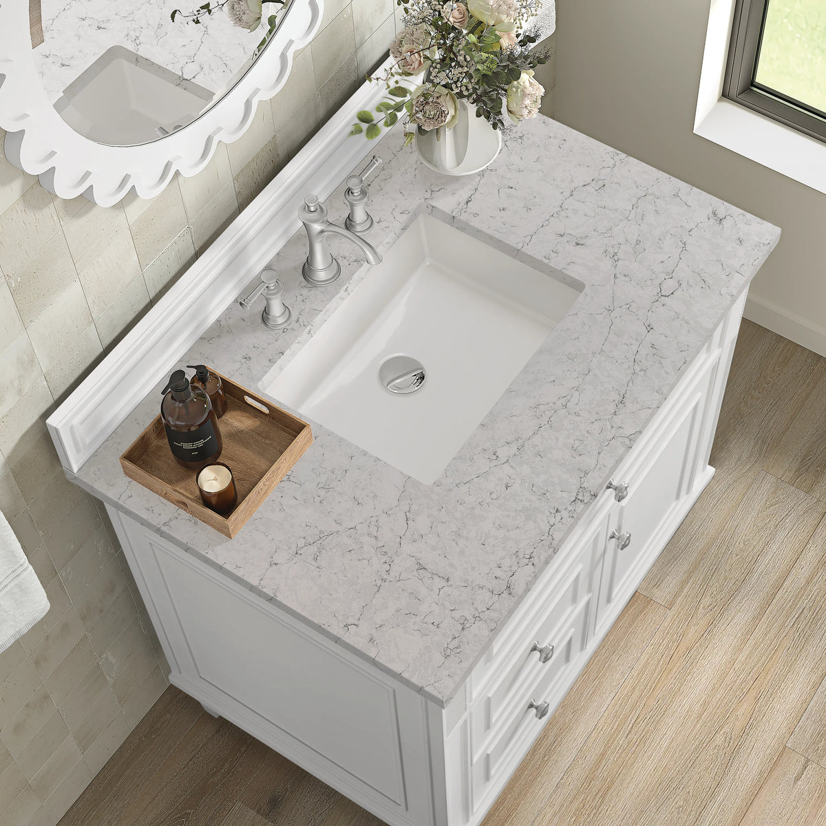 Lorelai 36" Single Vanity, Bright White w/ 3 CM Eternal Jasmine Pearl Silestone Top, view 7