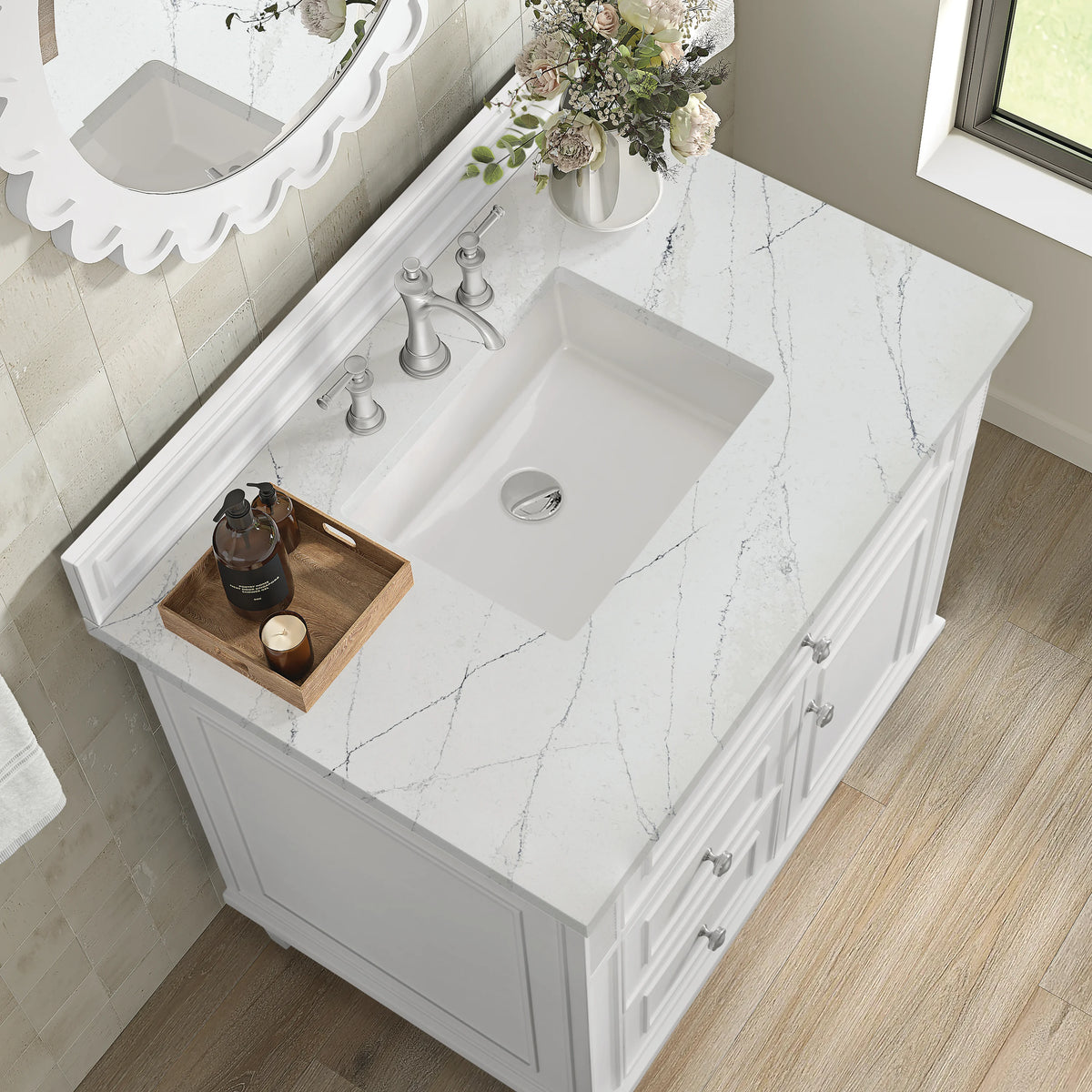 Lorelai 36" Single Vanity, Bright White w/ 3 CM Ethereal Noctis Silestone Top, view 7