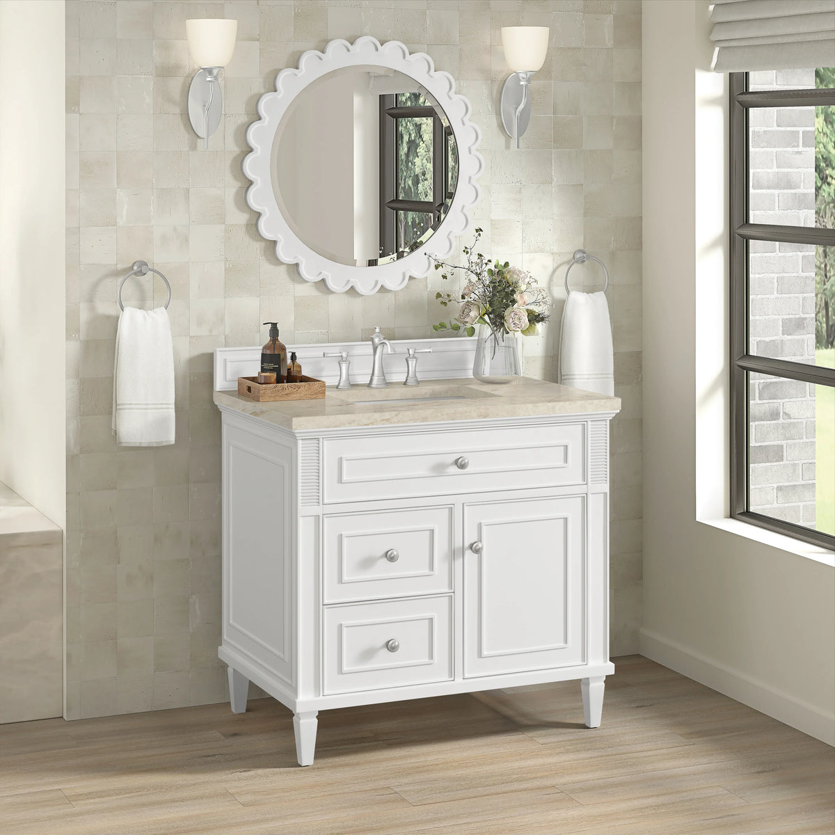 Lorelai 36" Single Vanity, Bright White, w/ 3 CM Tajnar Eclos Top, view 4