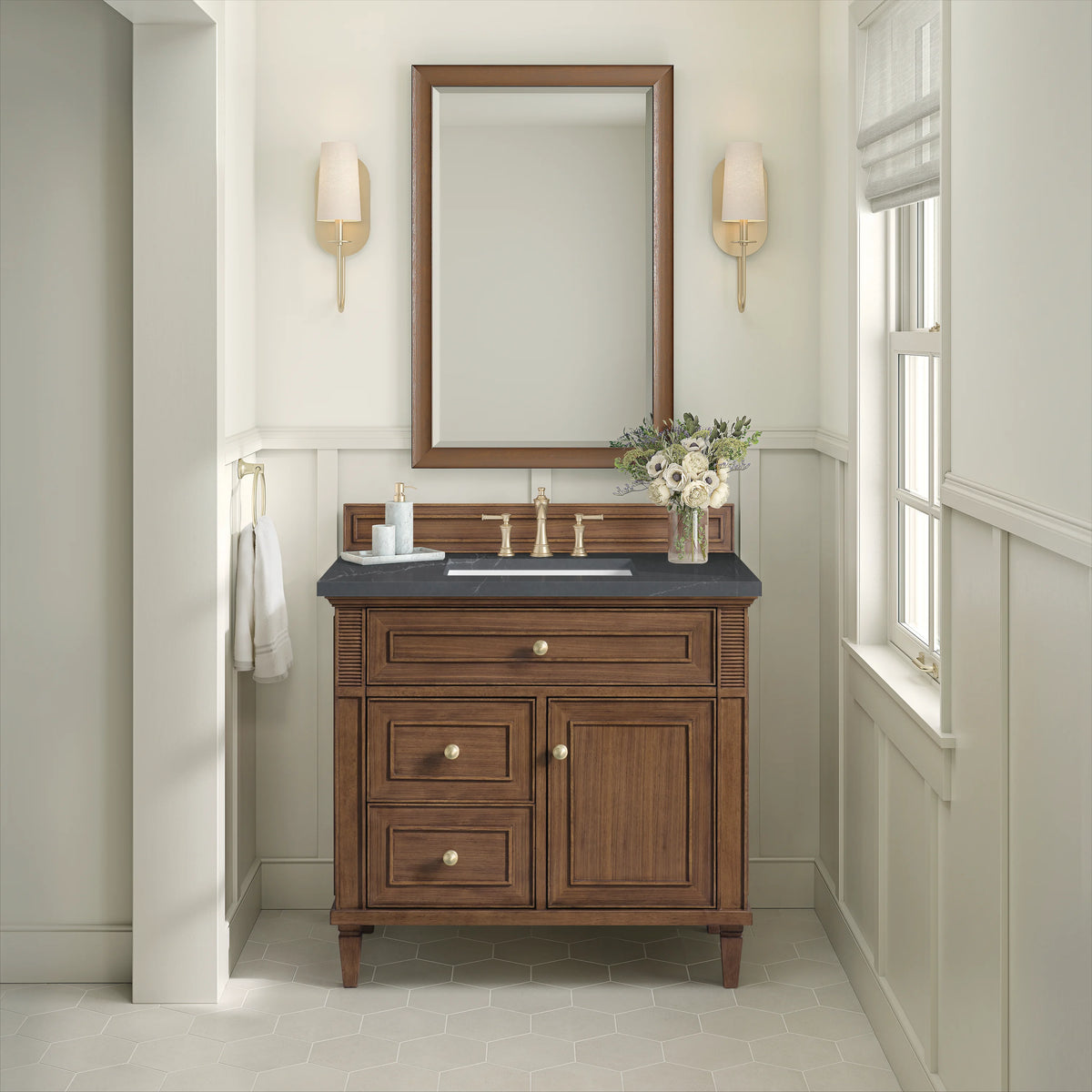 Lorelai 36" Single Vanity, Mid-Century Walnut w/ 3 CM Charcoal Soapstone Silestone Top, view 3