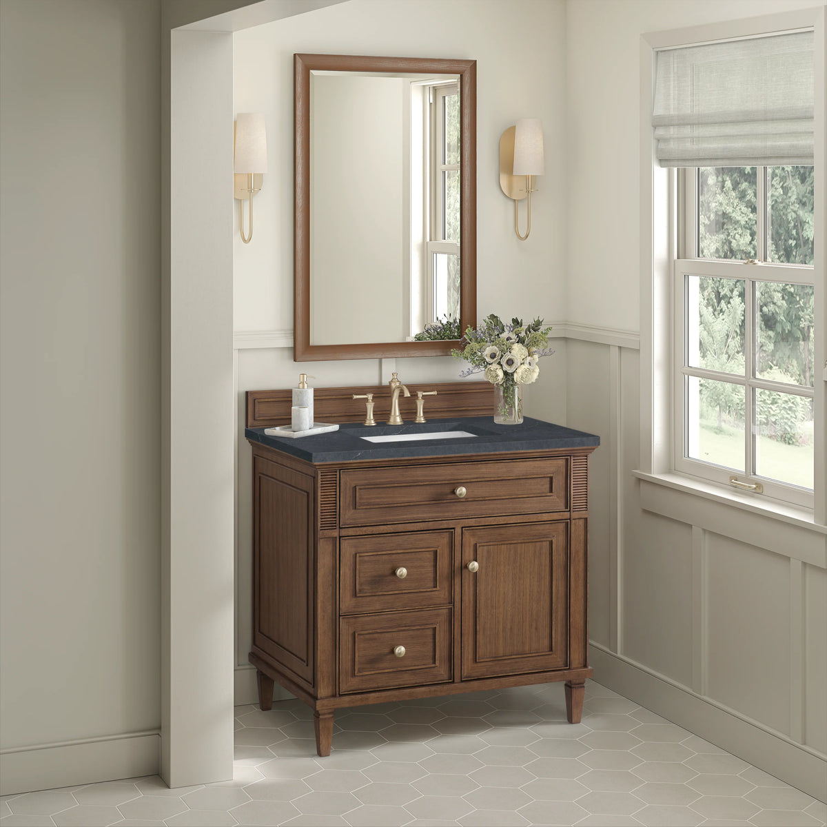Lorelai 36" Single Vanity, Mid-Century Walnut w/ 3 CM Charcoal Soapstone Silestone Top, view 4