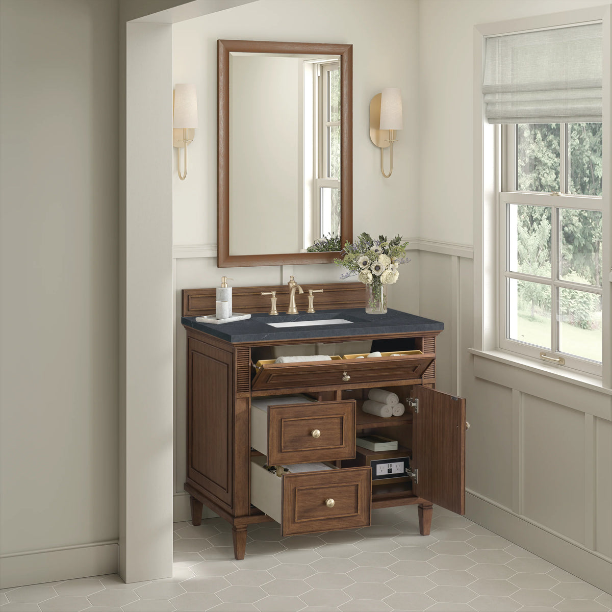 Lorelai 36" Single Vanity, Mid-Century Walnut w/ 3 CM Charcoal Soapstone Silestone Top, view 5