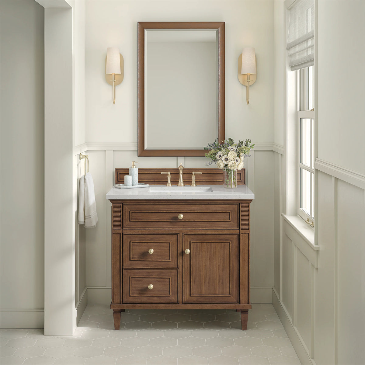 Lorelai 36" Single Vanity, Mid-Century Walnut w/ 3 CM Lime Delight Silestone Top, view 4