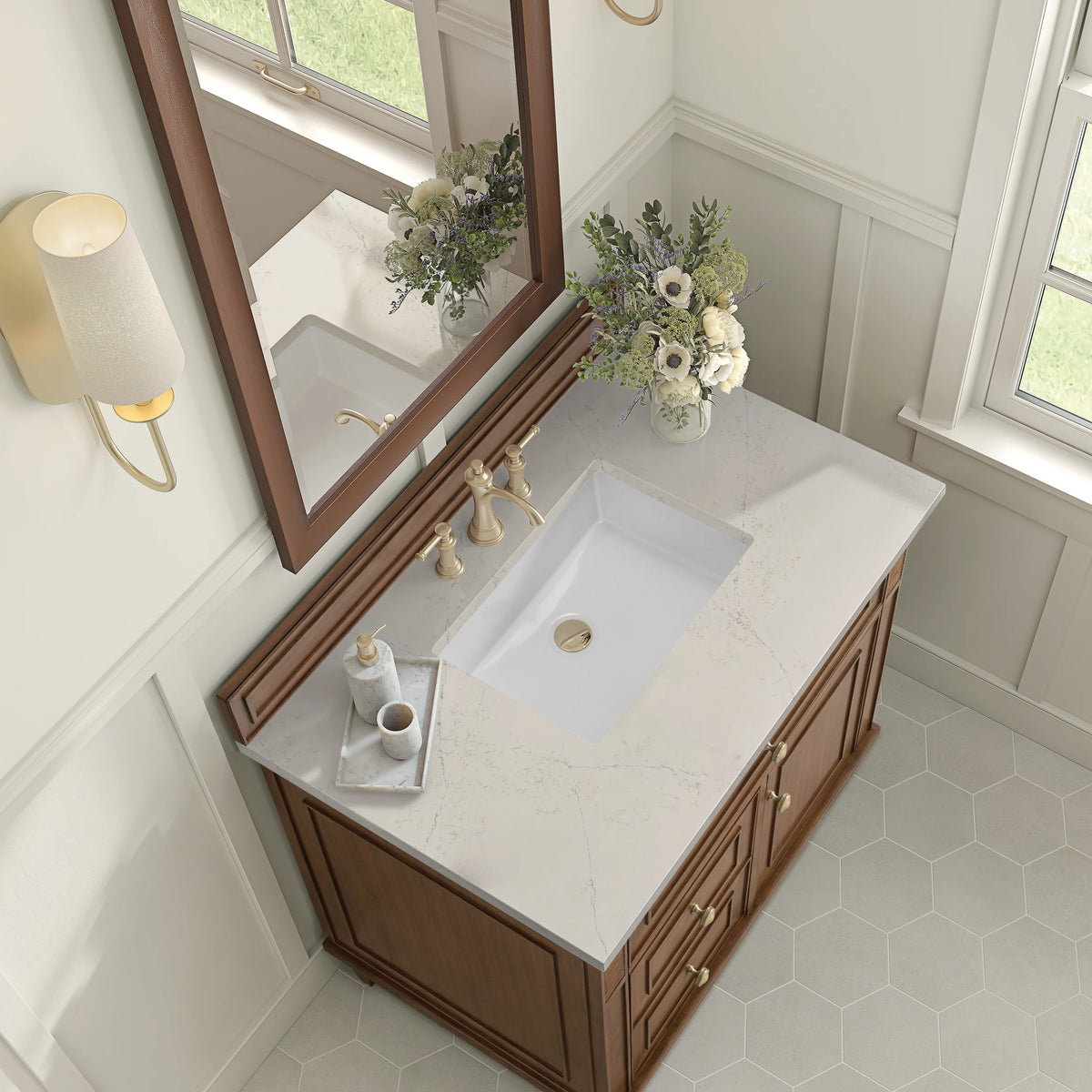 Lorelai 36" Single Vanity, Mid-Century Walnut, w/ 3 CM Siberian Silestone Top, view 8