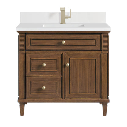 Lorelai 36" Single Vanity, Mid-Century Walnut w/ Single Hole 3 CM White Zeus Silestone Top & Backsplash